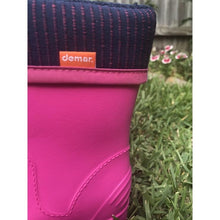 Load image into Gallery viewer, The cuff of a pair of Kids Dino Welly Boots in Pink. Comfortable, lightweight and durable. Available to buy from Bright Light Boots
