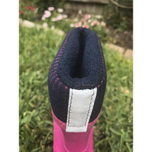 Load image into Gallery viewer, Inner lining of the Kids Dino Welly Boots in Pink. Comfortable, lightweight and durable. Available to buy from Bright Light Boots
