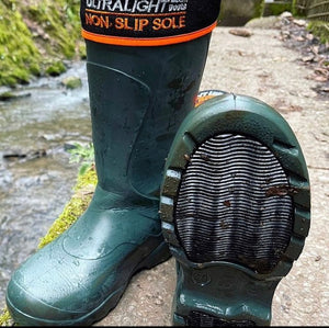 Pair of Mens Universal Pro Welly Boot in Green. Comfortable, lightweight and durable. Available to buy from Bright Light Boots
