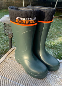 Pair of the Mens Universal Pro Welly Boot in Green. Comfortable, lightweight and durable. Available to buy from Bright Light Boots