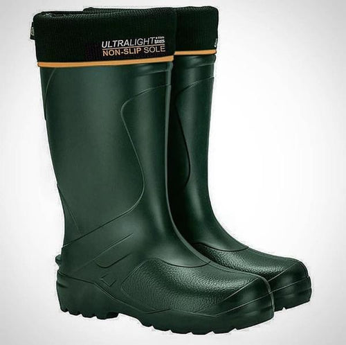 Pair of the Mens Universal Pro Welly Boot in Green. Comfortable, lightweight and durable. Available to buy from Bright Light Boots